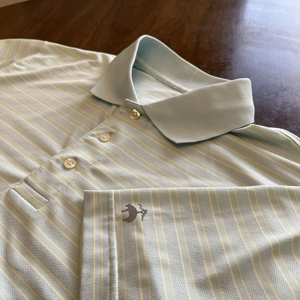 Brooks Brothers Performance Series Mens Large Polo Shirt Striped Blue Yellow
